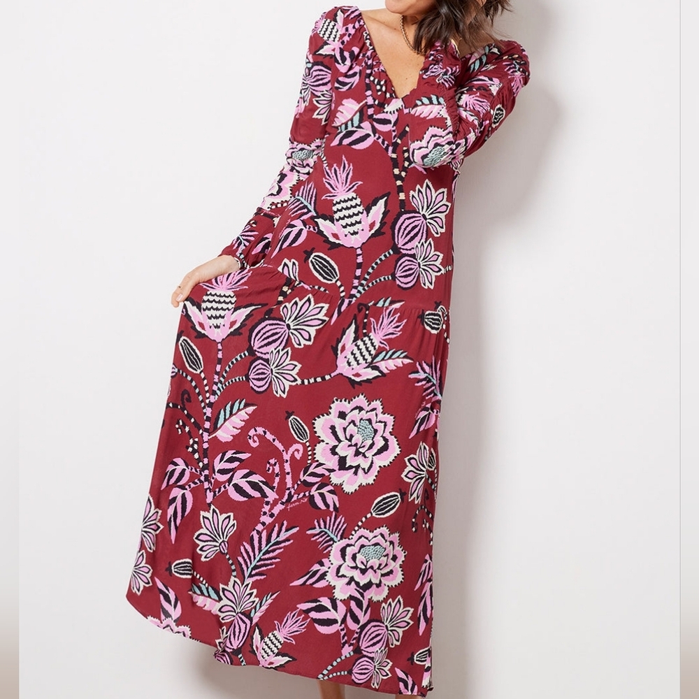 Farm Rio Pineapple Inspiration Burgundy V Neckline Maxi Dress Size S